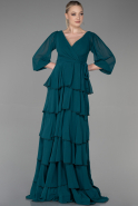 Длинное Шифоновое Вечернее Платье Изумрудно-зеленый ABU2322