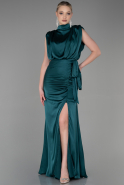 Длинное Атласное Вечернее Платье Изумрудно-зеленый ABU2133