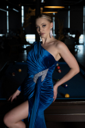 Длинное Велюровое Вечернее Платье Ярко-синий ABU2655