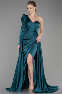Длинное Атласное Вечернее Платье Изумрудно-зеленый ABU1715