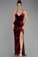Длинное Велюровое Вечернее Платье Бордовый ABU3366