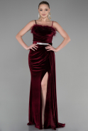 Длинное Велюровое Вечернее Платье Бордовый ABU3387