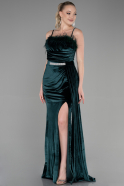 Длинное Велюровое Вечернее Платье Изумрудно-зеленый ABU3387