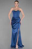Длинное Атласное Вечернее Платье Индиго ABU3248
