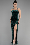 Длинное Велюровое Вечернее Платье Изумрудно-зеленый ABU3395