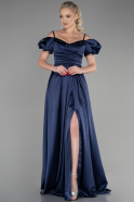 Длинное Атласное Вечернее Платье Темно-синий ABU3457