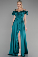 Длинное Атласное Вечернее Платье Изумрудно-зеленый ABU3457