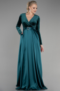 Длинное Велюровое Вечернее Платье Изумрудно-зеленый ABU1523