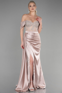 Длинное Атласное Вечернее Платье Капучино ABU3895