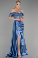 Длинное Атласное Вечернее Платье Индиго ABU3895