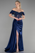 Длинное Атласное Вечернее Платье Темно-синий ABU3997
