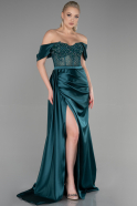 Длинное Атласное Вечернее Платье Изумрудно-зеленый ABU3818