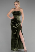 Длинное Велюровое Вечернее Платье Хаки ABU3395