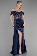 Длинное Атласное Вечернее Платье Темно-синий ABU3454