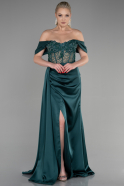 Длинное Атласное Вечернее Платье Изумрудно-зеленый ABU3454