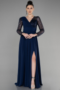 Длинное Шифоновое Вечернее Платье Темно-синий ABU3262