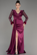 Длинное Атласное Вечернее Платье Вишневый ABU3080