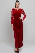 Длинное Велюровое Вечернее Платье Бордовый AR36758