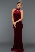 Длинное Велюровое Вечернее Платье Бордовый C7366