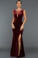 Длинное Велюровое Вечернее Платье Бордовый S4517