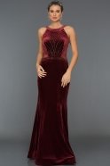 Длинное Велюровое Вечернее Платье Бордовый S4519
