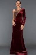 Длинное Велюровое Вечернее Платье Бордовый S4522