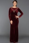 Длинное Велюровое Вечернее Платье Бордовый ABU486