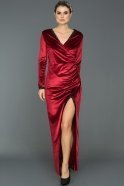 Длинное Велюровое Вечернее Платье Бордовый ES3720