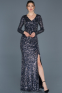 Длинное Пригласительное Платье Темно-синий-Серебряный ABU680
