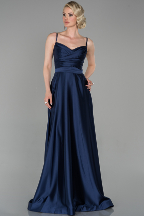 Длинное Атласное Вечернее Платье Темно-синий ABU1601