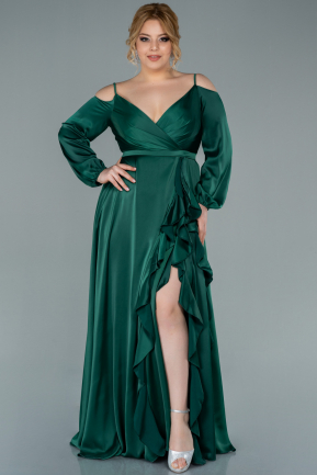Большое Атласное Платье Изумрудно-зеленый ABU2358