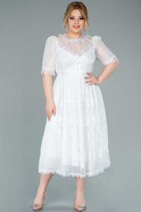 Кружевное Платье Миди Большого Размера Белый ABK1396