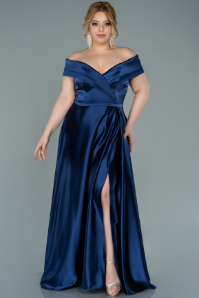 Большое Атласное Платье Темно-синий ABU2355