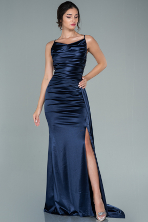 Длинное Атласное Выпускное Платье Темно-синий ABU2539