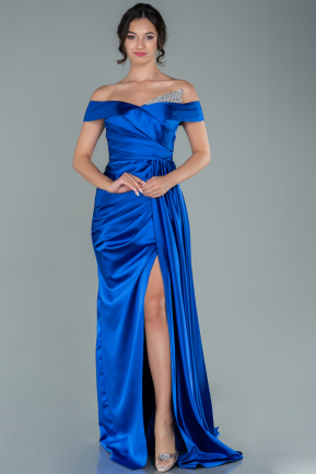 Длинное Атласное Вечернее Платье Ярко-синий ABU2560