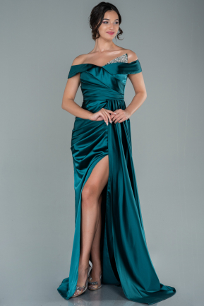 Длинное Атласное Вечернее Платье Изумрудно-зеленый ABU2560