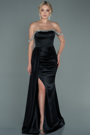 Длинное Атласное Вечернее Платье Черный ABU2618