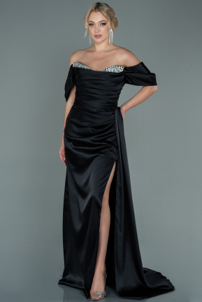 Длинное Атласное Вечернее Платье Черный ABU2661