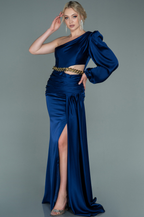 Длинное Атласное Выпускное Платье Темно-синий ABU2625