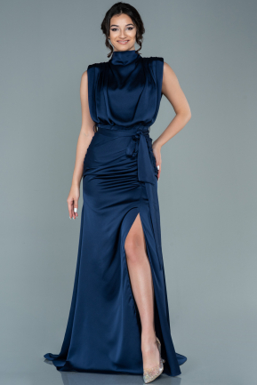 Длинное Атласное Вечернее Платье Темно-синий ABU2133