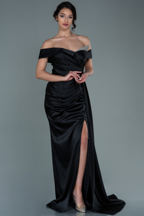 Длинное Атласное Вечернее Платье Черный ABU2560
