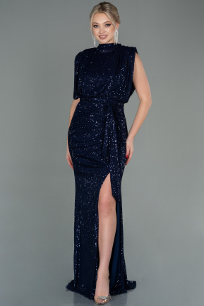 Длинное Чешуйчатое Вечернее Платье Темно-синий ABU2752