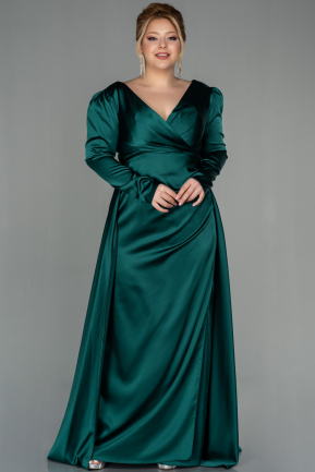 Большое Атласное Платье Изумрудно-зеленый ABU2167