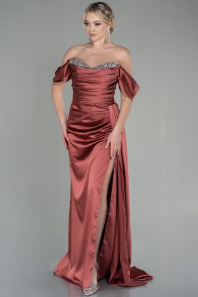 Длинное Атласное Вечернее Платье Цвет корицы ABU2661