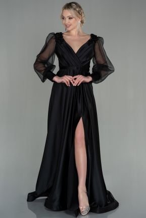 Длинное Атласное Вечернее Платье Черный ABU2830
