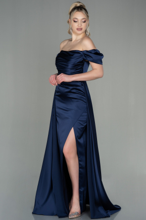 Длинное Атласное Вечернее Платье Темно-синий ABU2903