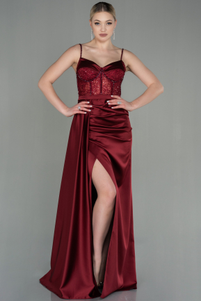 Длинное Атласное Вечернее Платье Бордовый ABU2130