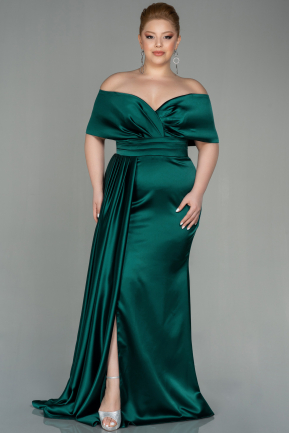 Большое Атласное Платье Изумрудно-зеленый ABU2873