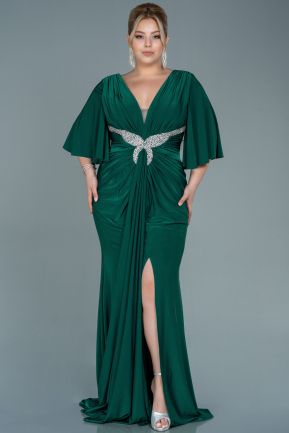 Большое Атласное Платье Изумрудно-зеленый ABU2646