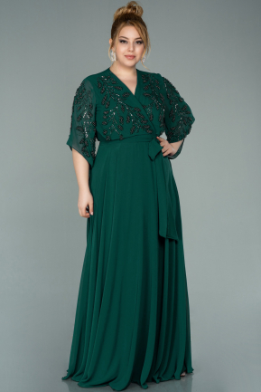Длинное Шифоновое Вечернее Платье Изумрудно-зеленый ABU2071